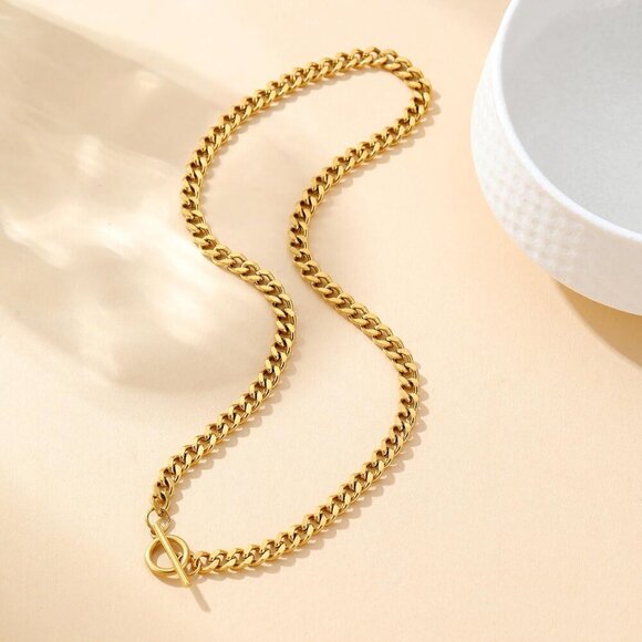 🆕 Women Gold Pendant Toggle Necklace Thick Cuban Curb Chain Gemstone Jewelry - Picture 6 of 7